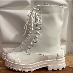 White/Cream Faux Leather Combat boot